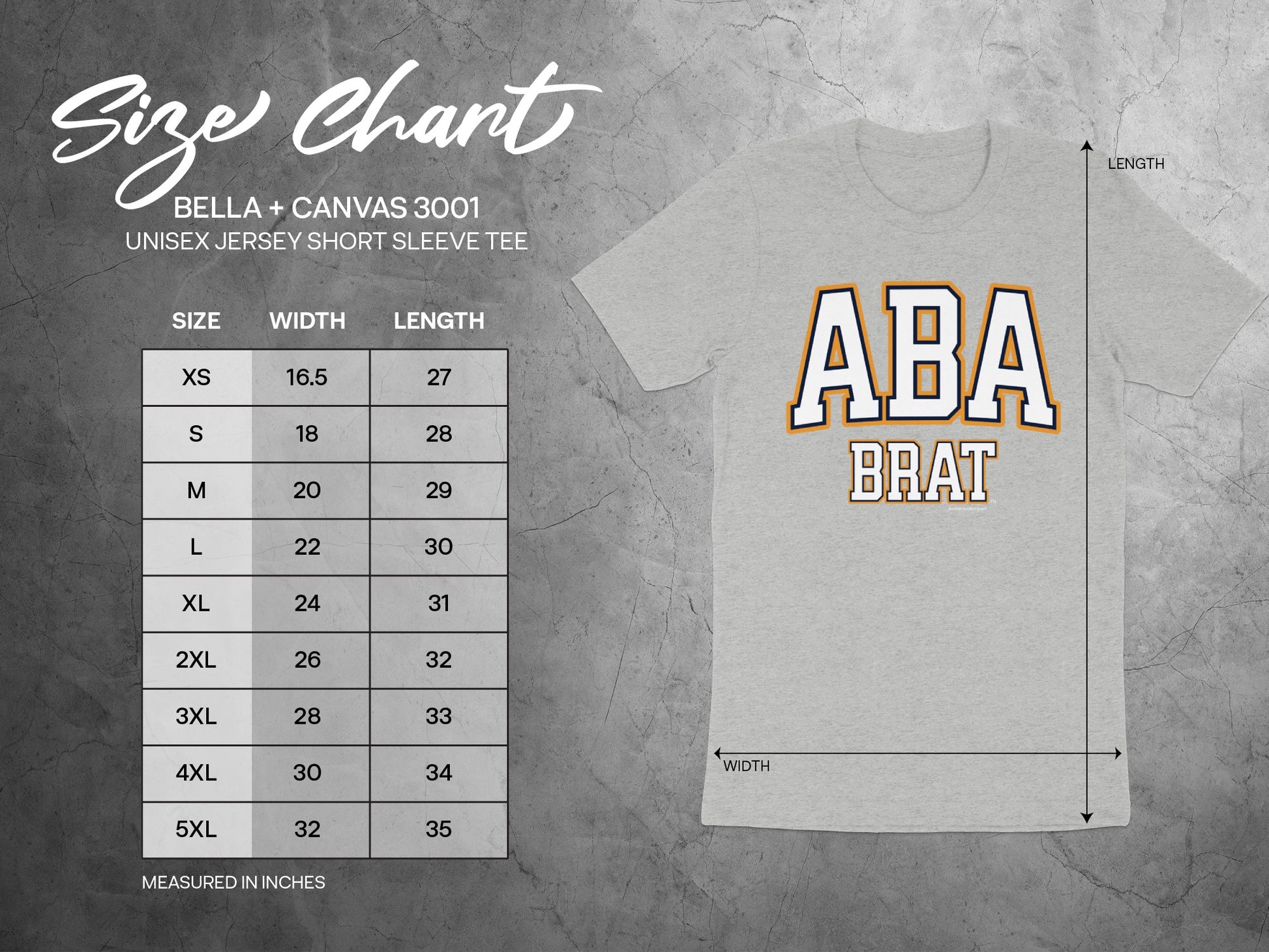 Bella Canvas 3001 size chart for unisex short sleeve tee with width and length measurements in inches.