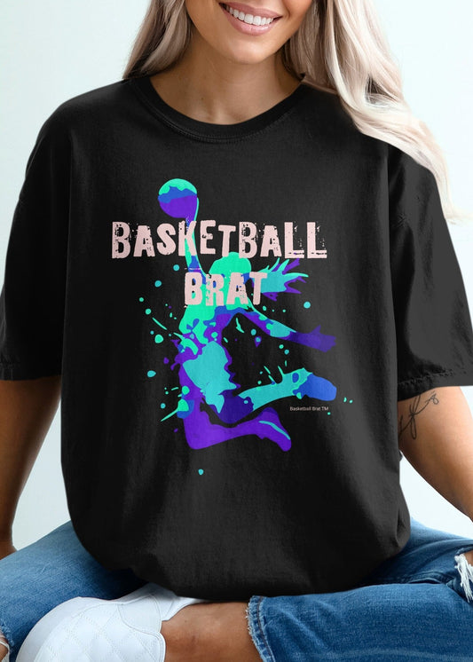 Black t-shirt with "BASKETBALL BRAT" text and abstract splash art.
