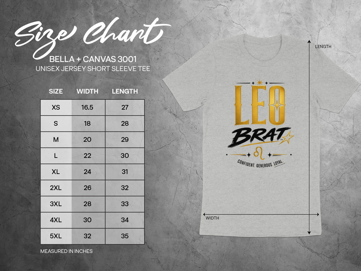 Size chart for Bella + Canvas 3001 unisex tee with Leo Brat graphic and zodiac symbol.