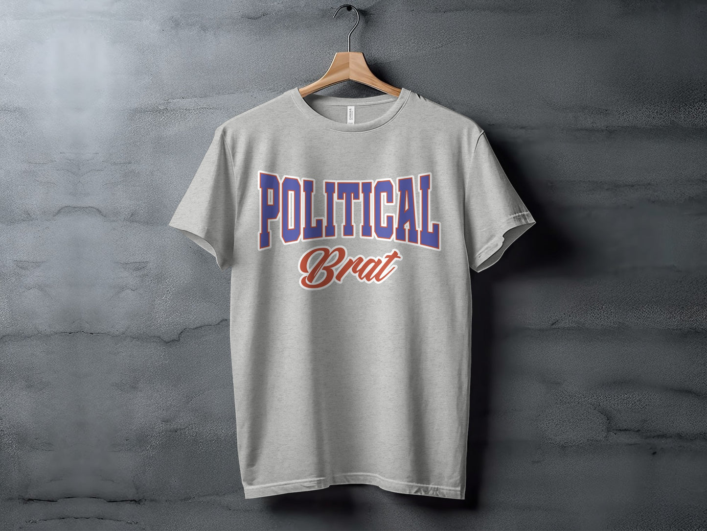 Light gray t-shirt with bold blue and red "POLITICAL Brat" text.