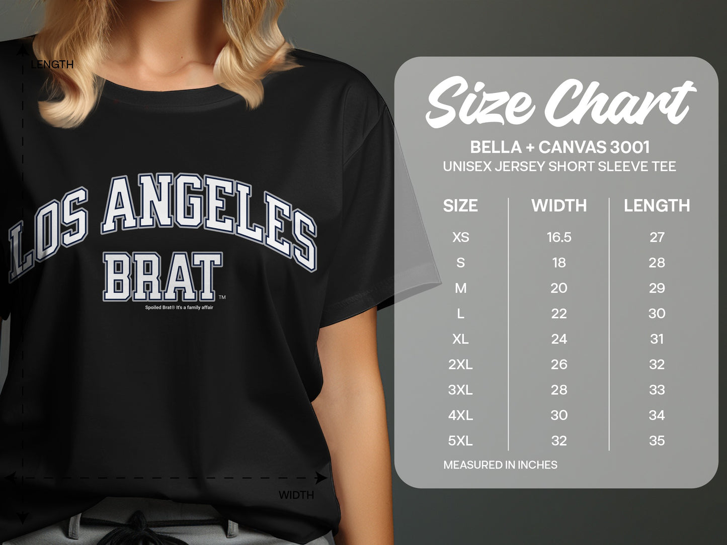 Black t-shirt with "LOS ANGELES BRAT" graphic, size chart details.