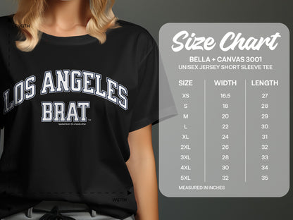 Black t-shirt with "LOS ANGELES BRAT" graphic, size chart details.