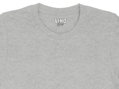 Gray t-shirt with black and white "VINO Brat" graphic on the neckline.