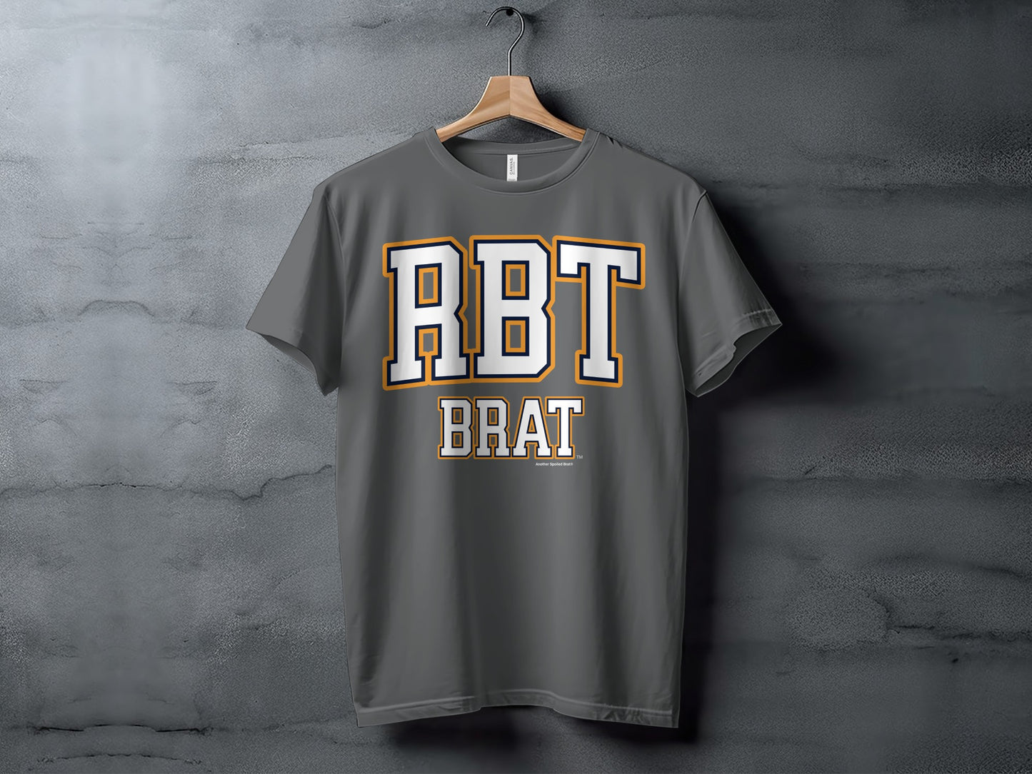 Gray t-shirt with "RBT" and "BRAT" text in white with orange and navy trim.