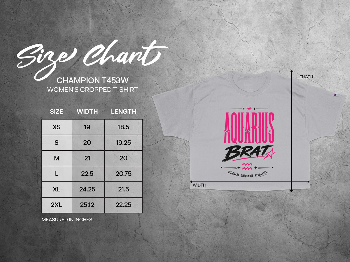 Champion T453W women's cropped t-shirt size chart with measurements for width and length.