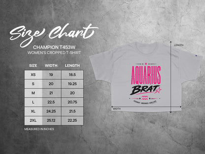 Champion T453W women's cropped t-shirt size chart with measurements for width and length.