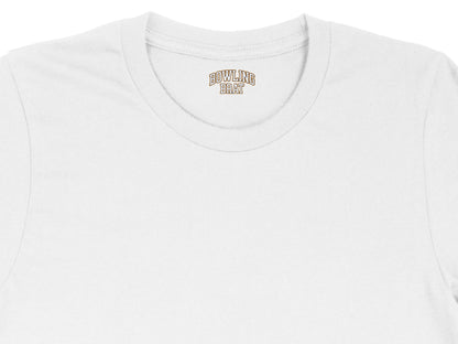 White t-shirt with "BOWLING BRAT" printed on the neckline tag.