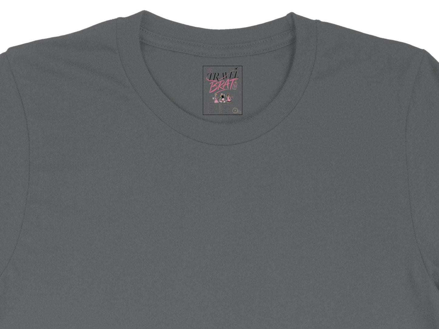 Gray t-shirt with a "Travel Brats" graphic and accompanying text.