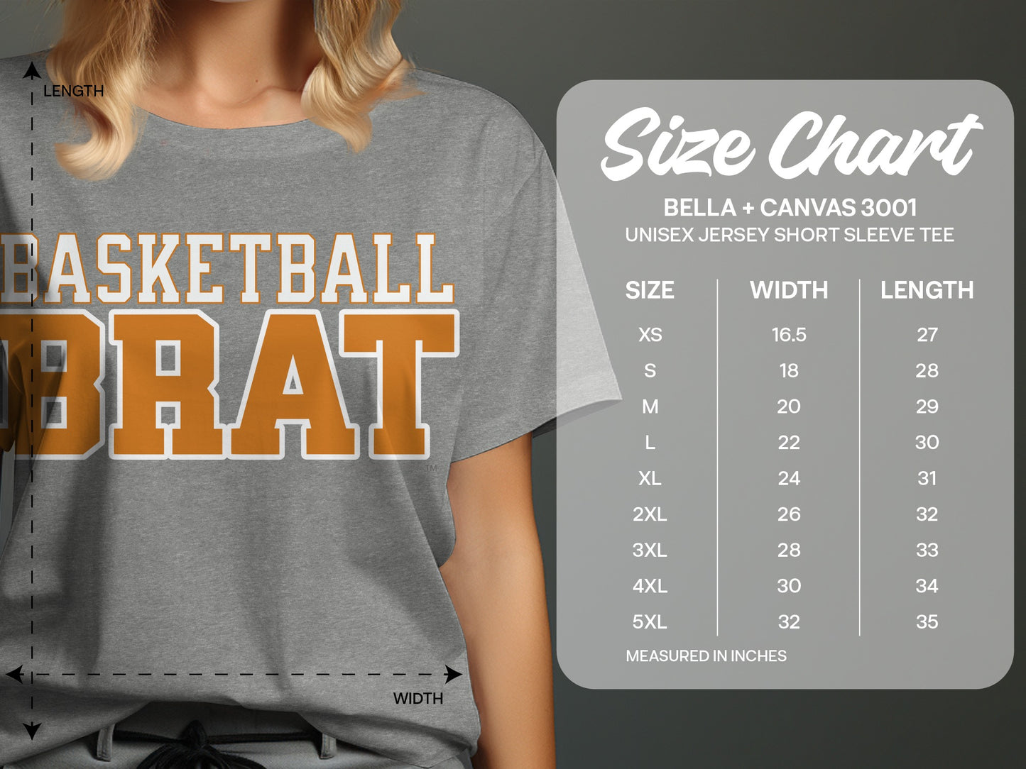 T-shirt with "BASKETBALL BRAT" and a size chart.