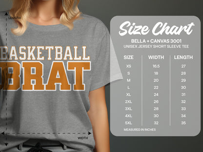 T-shirt with "BASKETBALL BRAT" and a size chart.