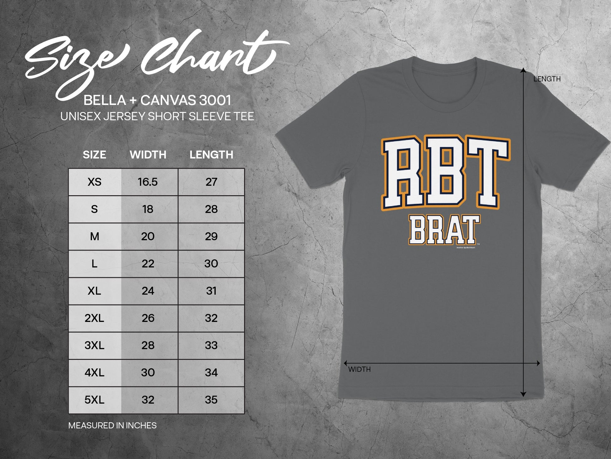 Size chart for Bella + Canvas 3001 unisex short sleeve tee, measured in inches.