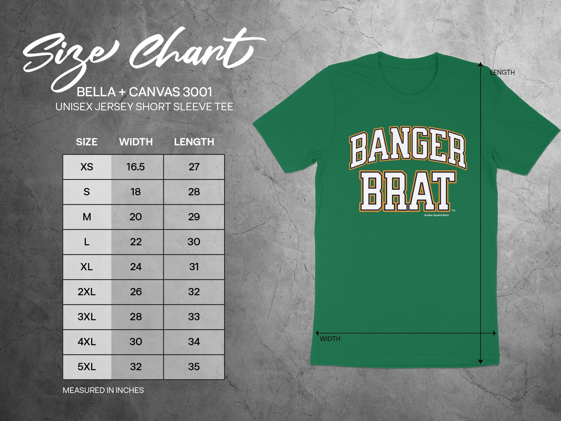 Bella + Canvas 3001 unisex tee size chart with width and length measurements in inches.