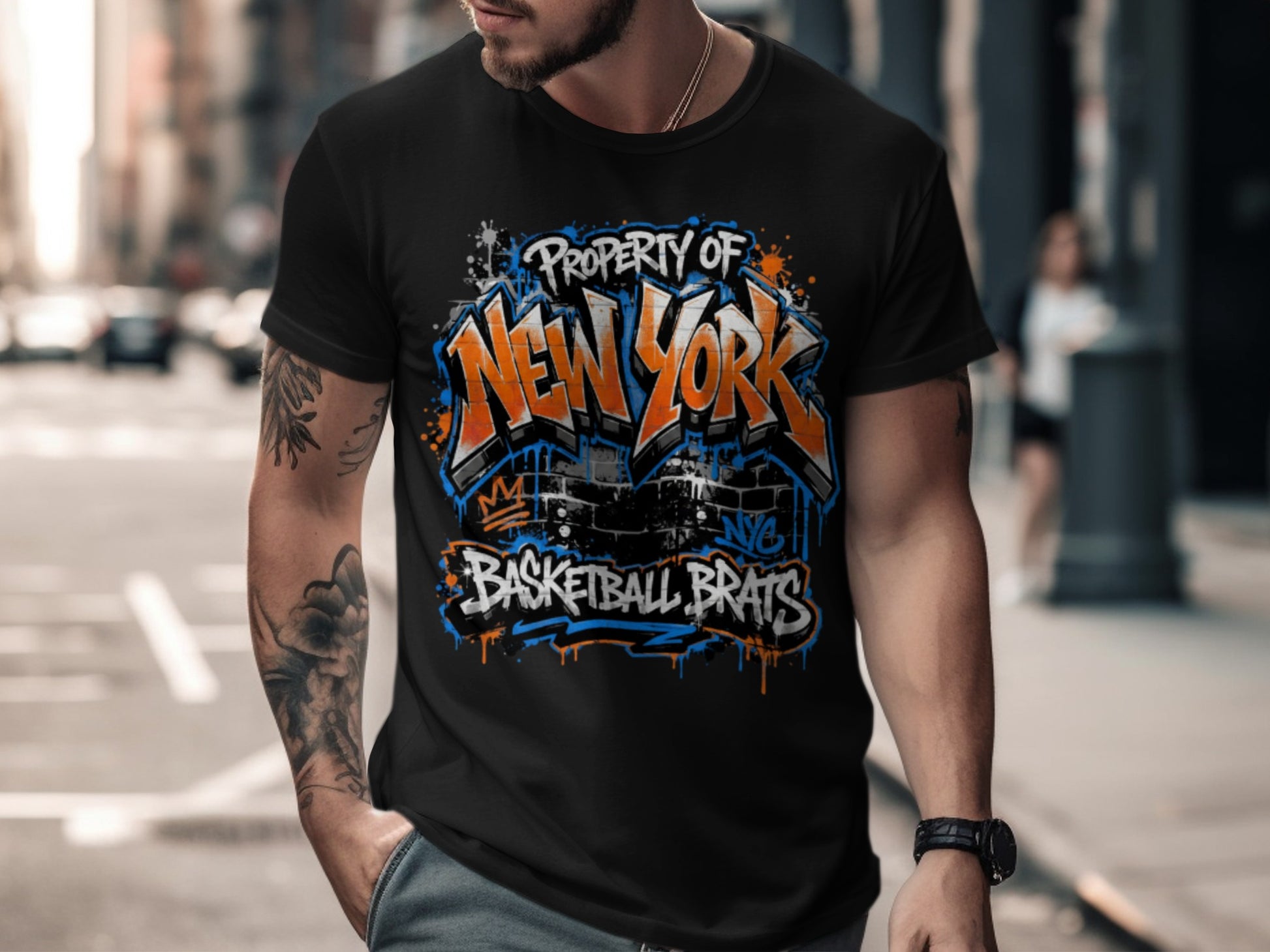 Black t-shirt with "PROPERTY OF NEW YORK BASKETBALL BRATS" graffiti-style graphic.