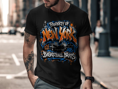 Black t-shirt with "PROPERTY OF NEW YORK BASKETBALL BRATS" graffiti-style graphic.