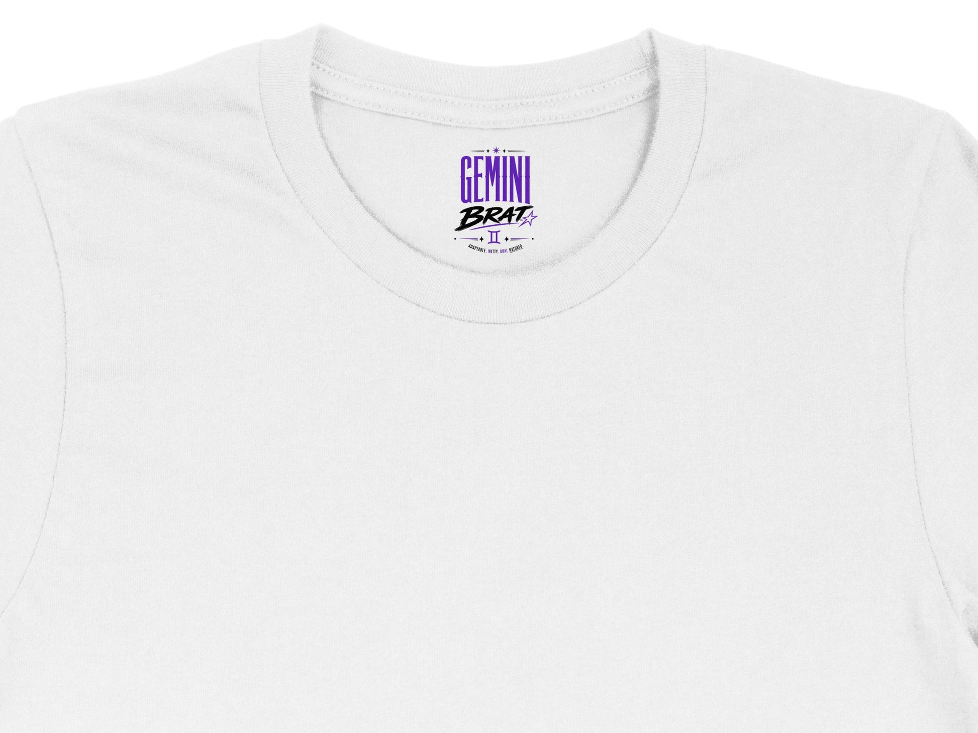White t-shirt with "GEMINI BRAT" and Gemini symbol on collar.