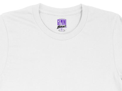 White t-shirt with "GEMINI BRAT" and Gemini symbol on collar.