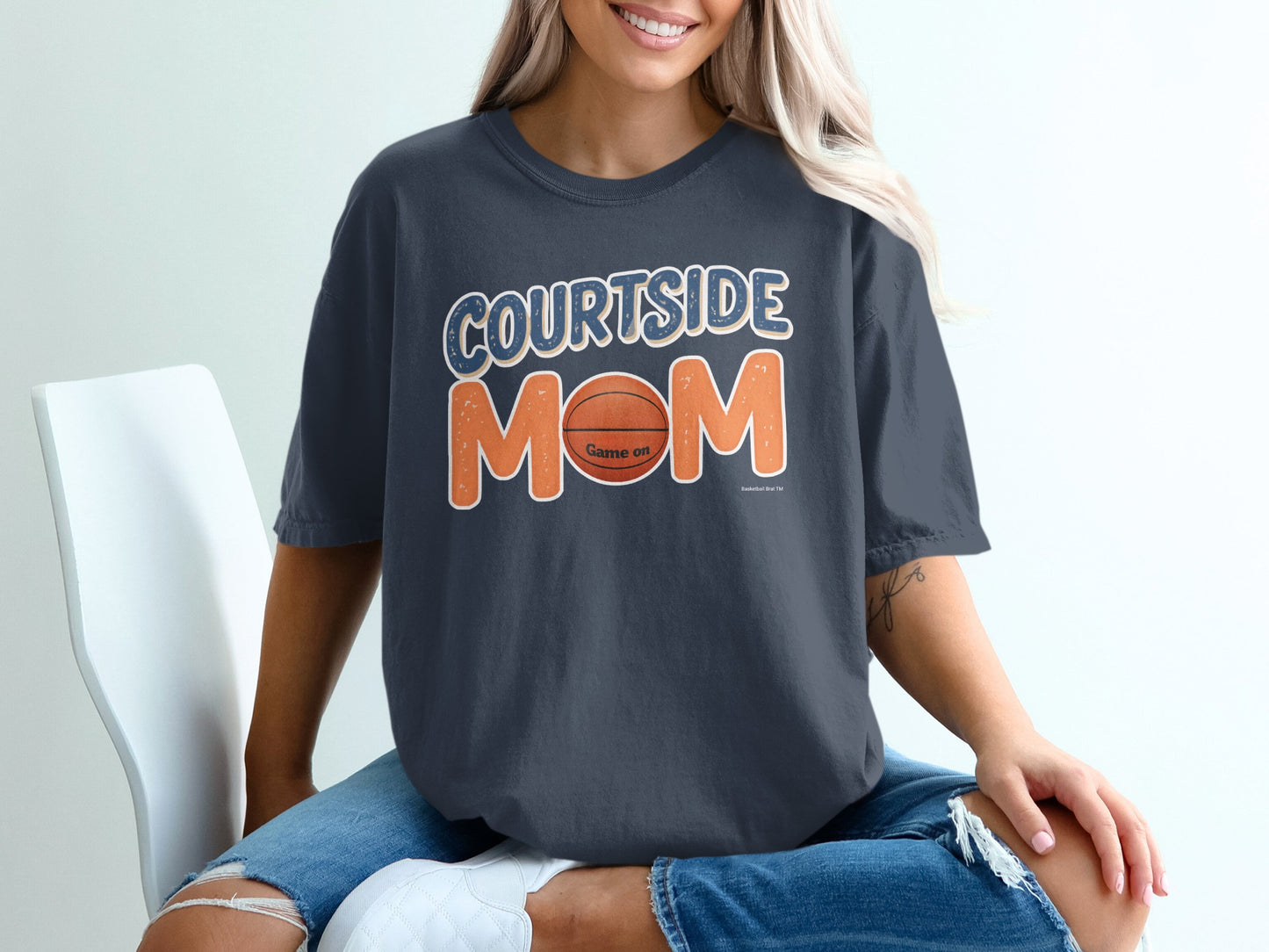 Courtside Mom t-shirt with basketball graphic and "Game On" text.