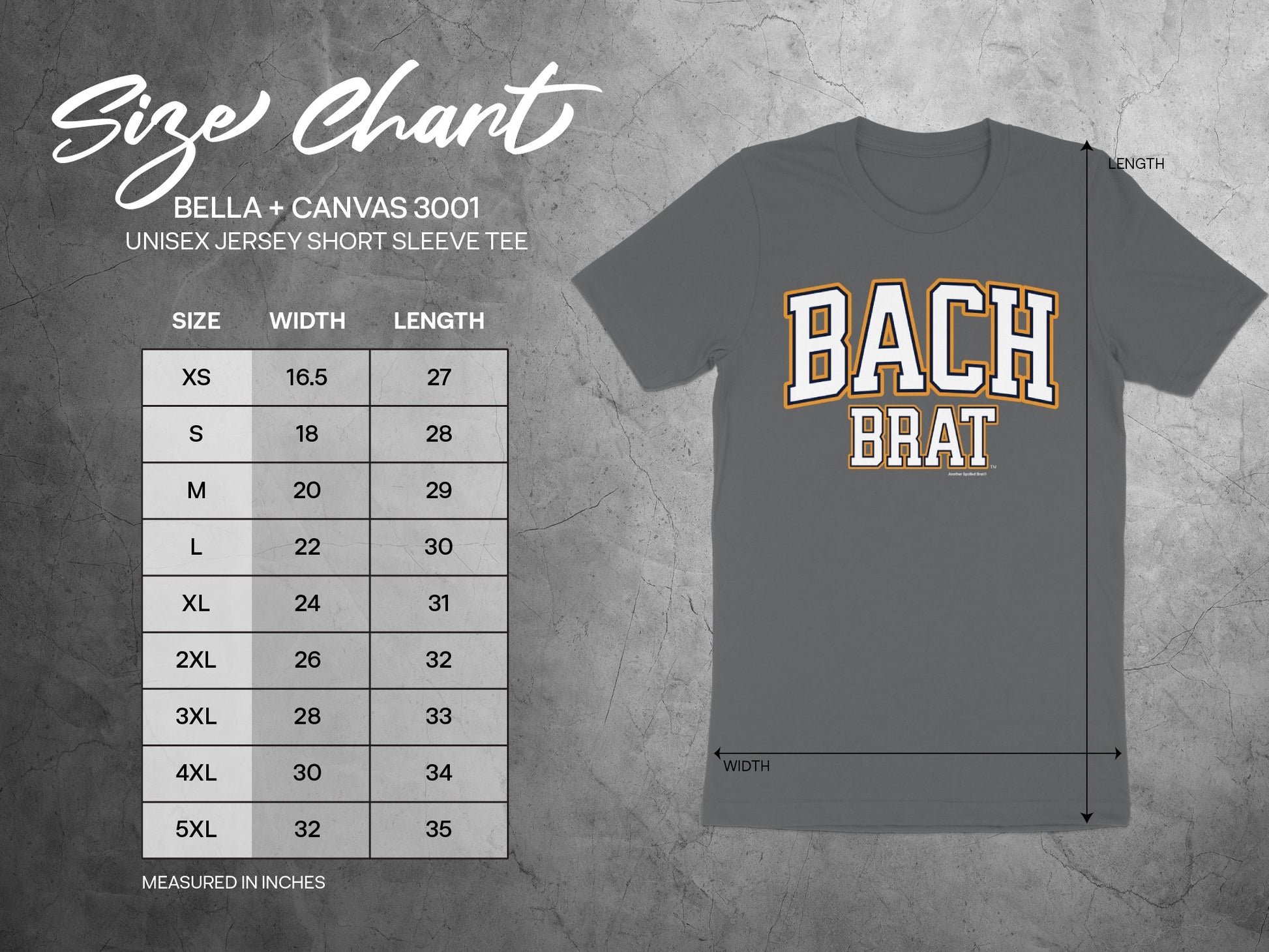 Size chart for a BELLA + CANVAS 3001 unisex short sleeve tee with "BACH BRAT" graphic.