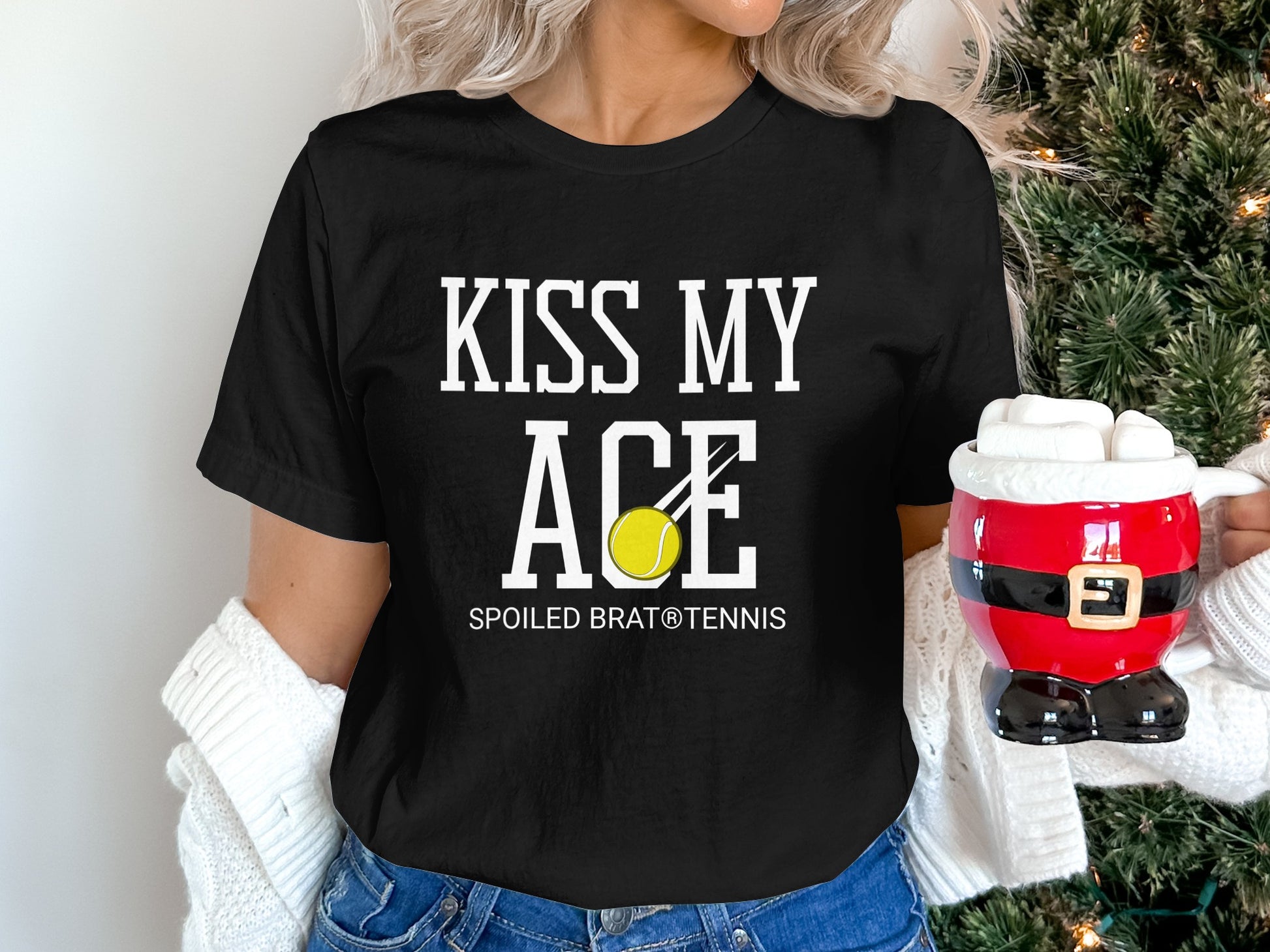 Black t-shirt with "KISS MY ACE" and tennis ball graphic.