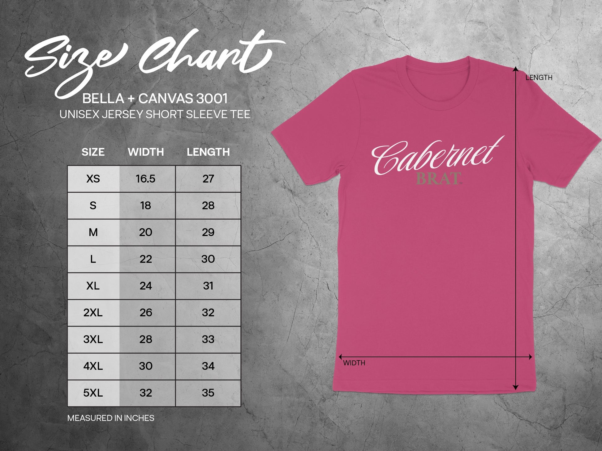 Bella + Canvas 3001 unisex tee size chart with width and length measurements.