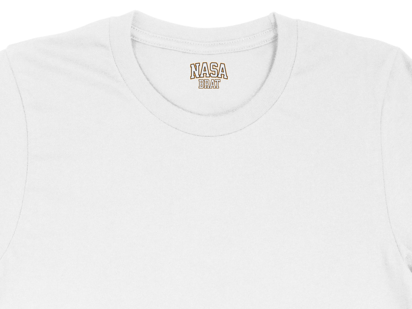 White t-shirt with "NASA BRAT" text on the inside neck label.