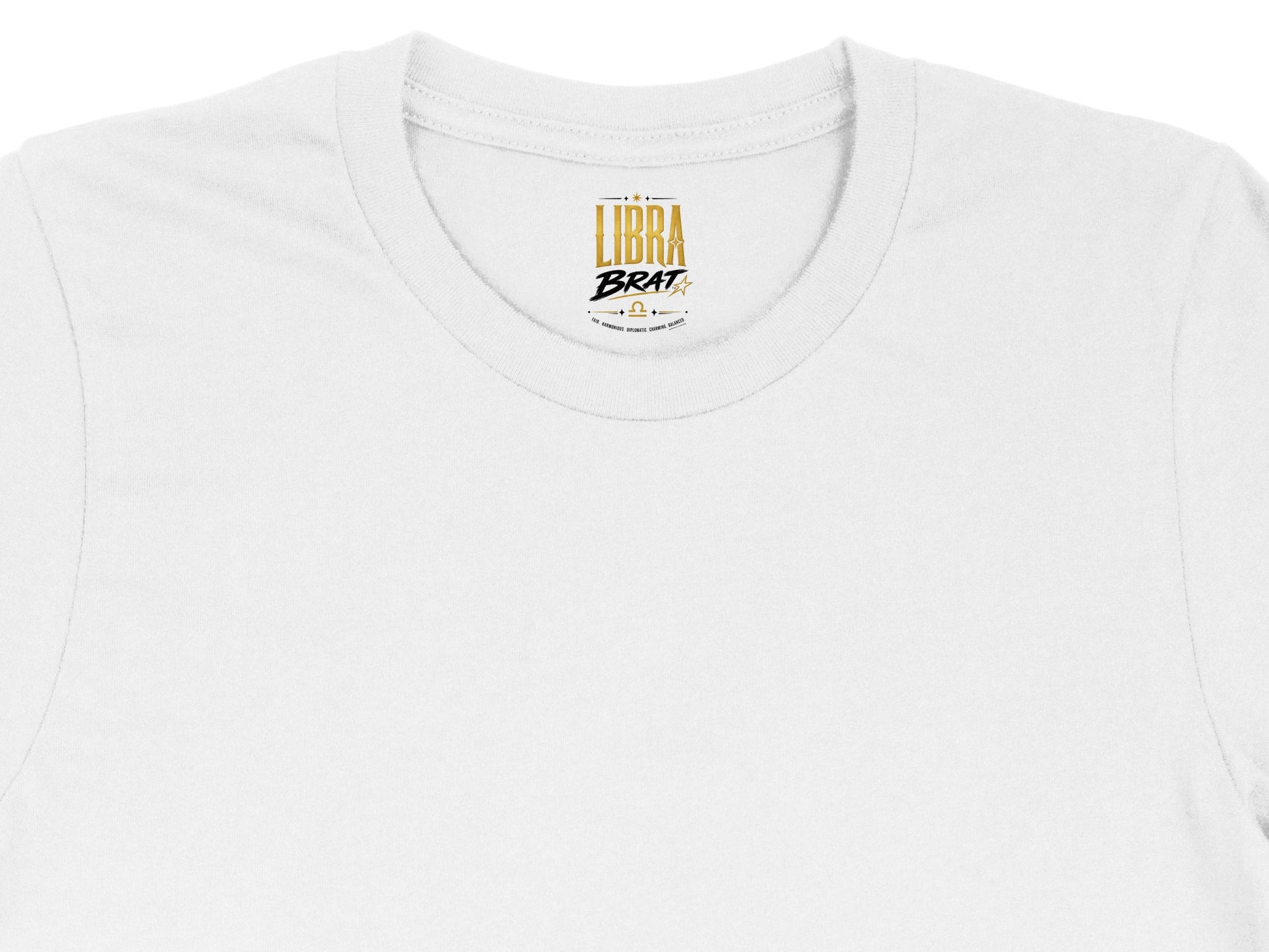 White t-shirt collar with "LIBRA BRAT" text and Libra constellation symbol.