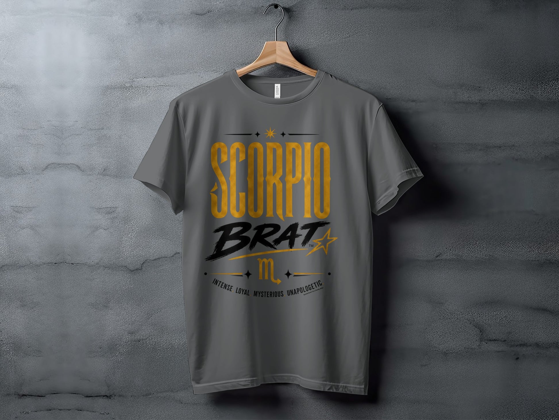 Grey t-shirt with "SCORPIO BRAT" text and scorpion symbol.