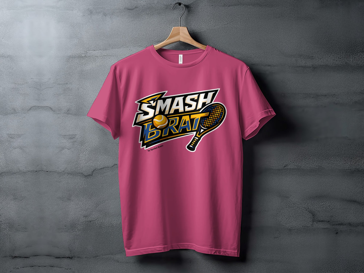 Pink t-shirt displays "SMASH BRAT" text with tennis ball and racket graphic.