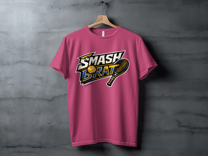Pink t-shirt displays "SMASH BRAT" text with tennis ball and racket graphic.