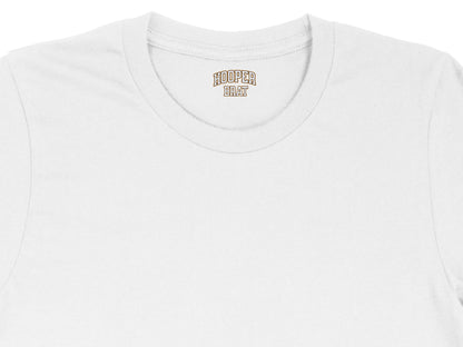 White t-shirt with brown "HOOPER BRAT" text on the inside collar.