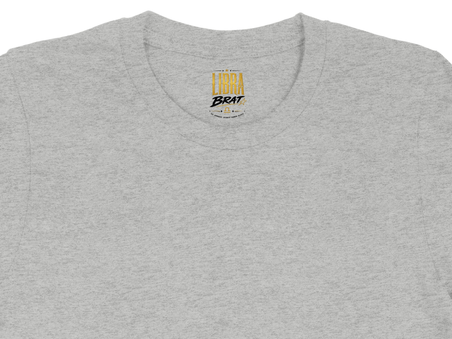 Grey t-shirt with "Libra Brat" text and Libra constellation symbol.