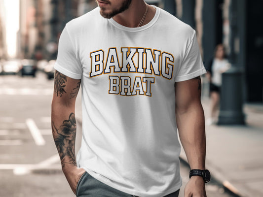 White t-shirt with "BAKING BRAT" text in collegiate style lettering.