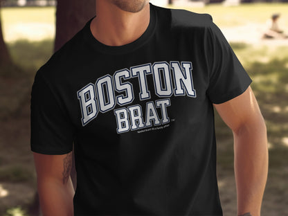 Black t-shirt with white text "BOSTON BRAT" and smaller text "Spoiled Brats. It's a family affair."