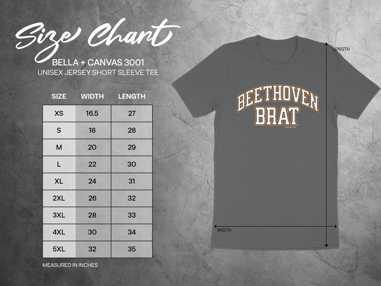 BELLA + CANVAS 3001 unisex t-shirt size chart with width and length measurements.