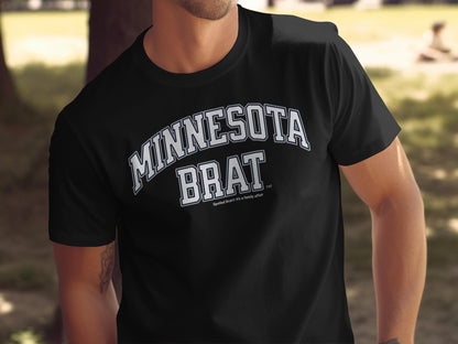 Black t-shirt with "MINNESOTA BRAT" in arched white lettering.