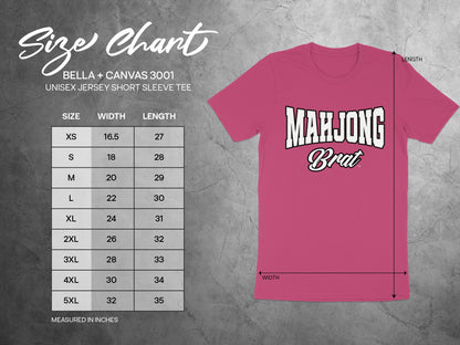 Size chart for Bella + Canvas 3001 unisex short sleeve tee with Mahjong Brat graphic.