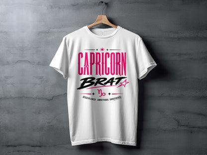 White t-shirt with "Capricorn BRAT" text, Capricorn symbol, and "Disciplined. Ambitious. Unbothered."