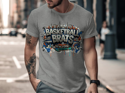 Gray t-shirt with "BASKETBALL BRATS NEW YORK EDITION" graffiti-style text.