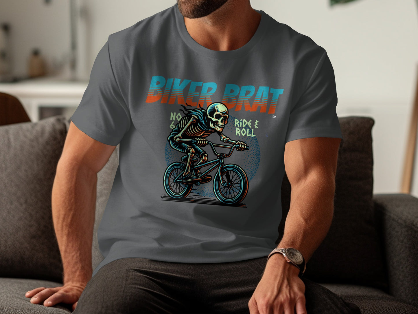 Skeleton biker on a BMX bike with text "Biker Brat" and "Ride & Roll".