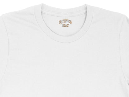 A close-up view of the collar area of a white t-shirt featuring the Physics Brat logo printed inside.