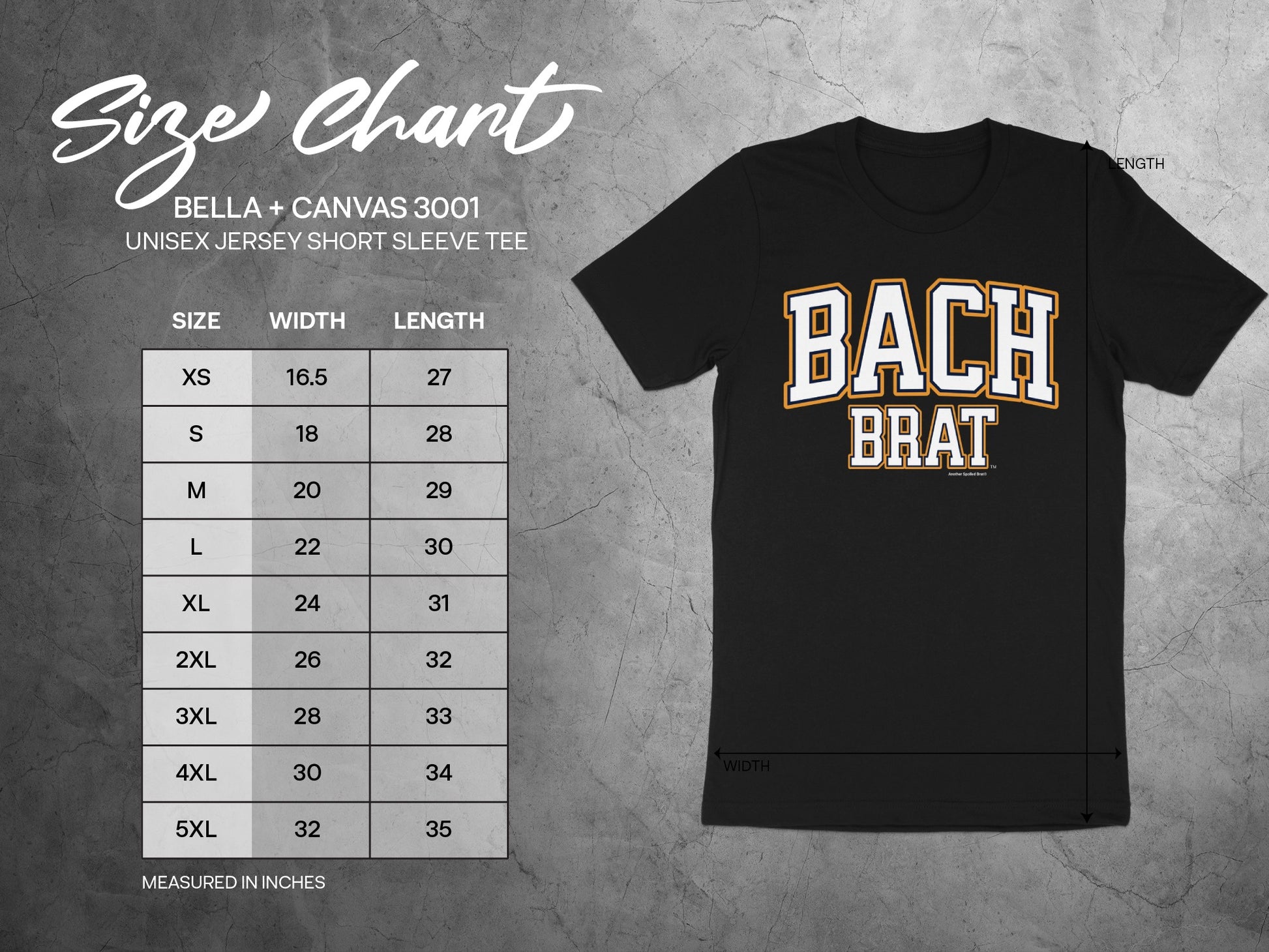 Bella + Canvas 3001 unisex tee size chart with "BACH BRAT" graphic.