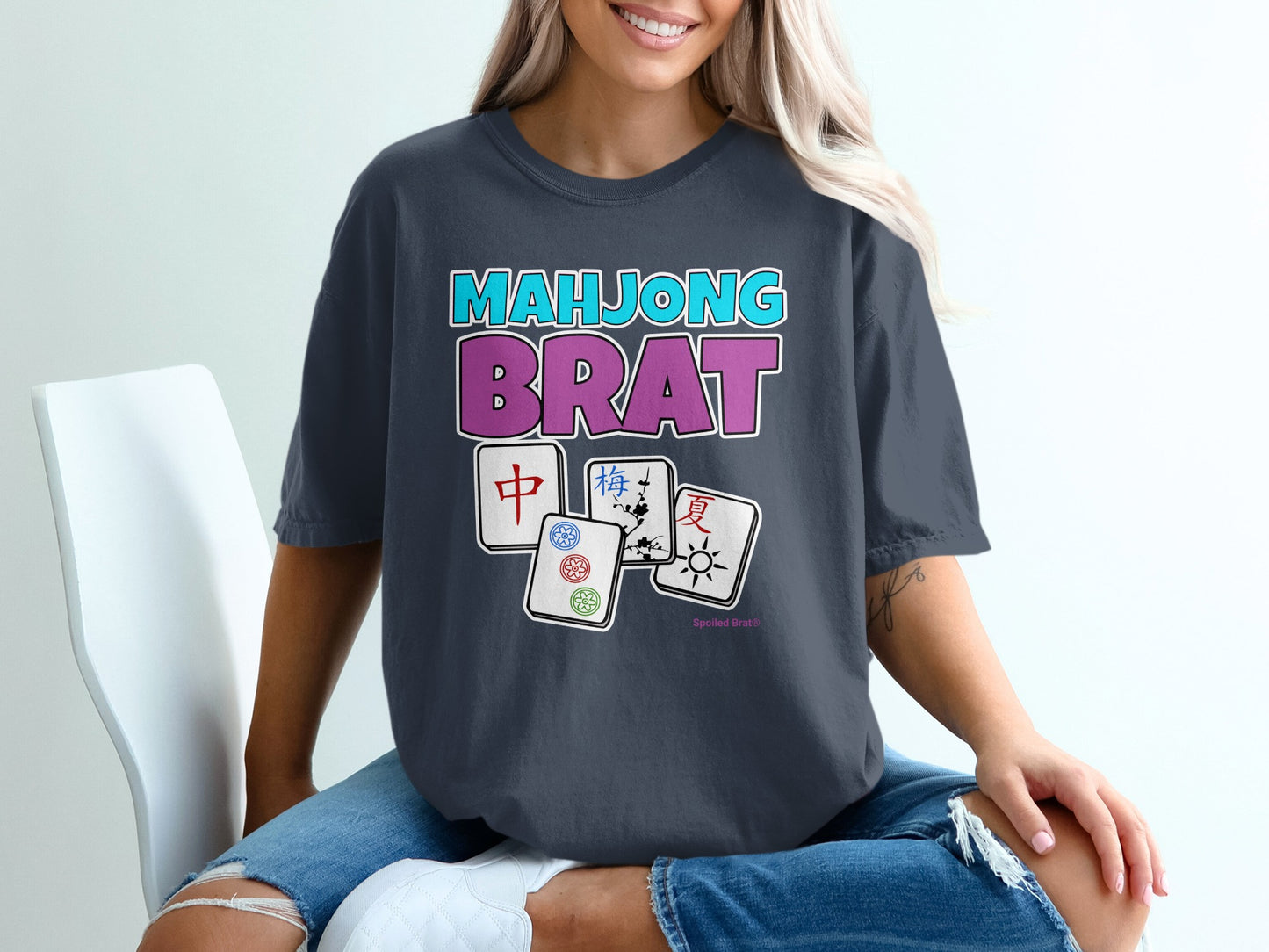 Mahjong Brat t-shirt with Mahjong tiles featuring Chinese characters.