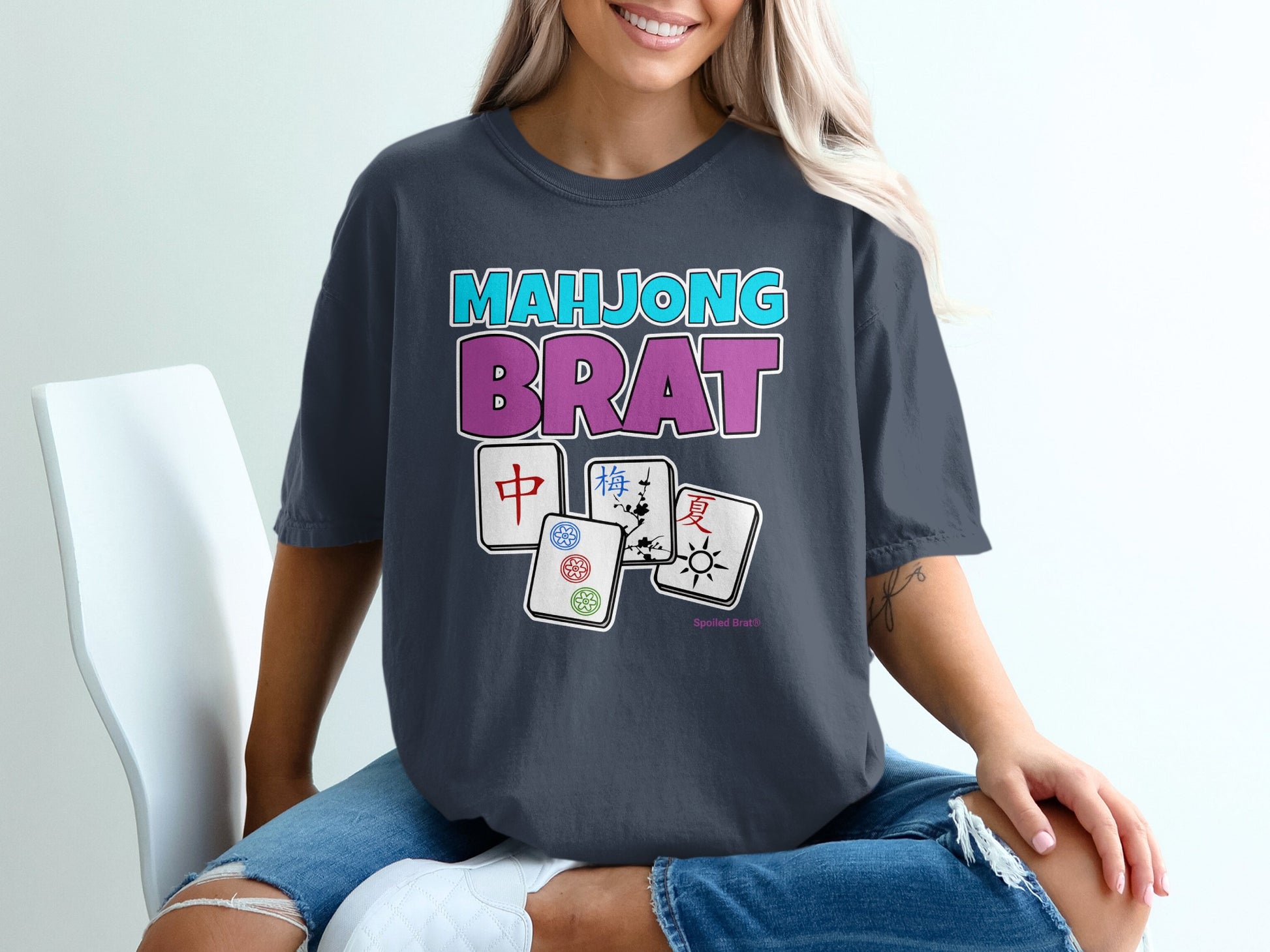 Mahjong Brat t-shirt with Mahjong tiles featuring Chinese characters.