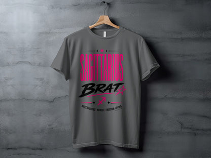Gray t-shirt with "Sagittarius Brat" text and zodiac symbols.