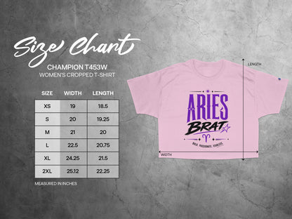 Champion T453W women's cropped t-shirt size chart with width and length measurements.