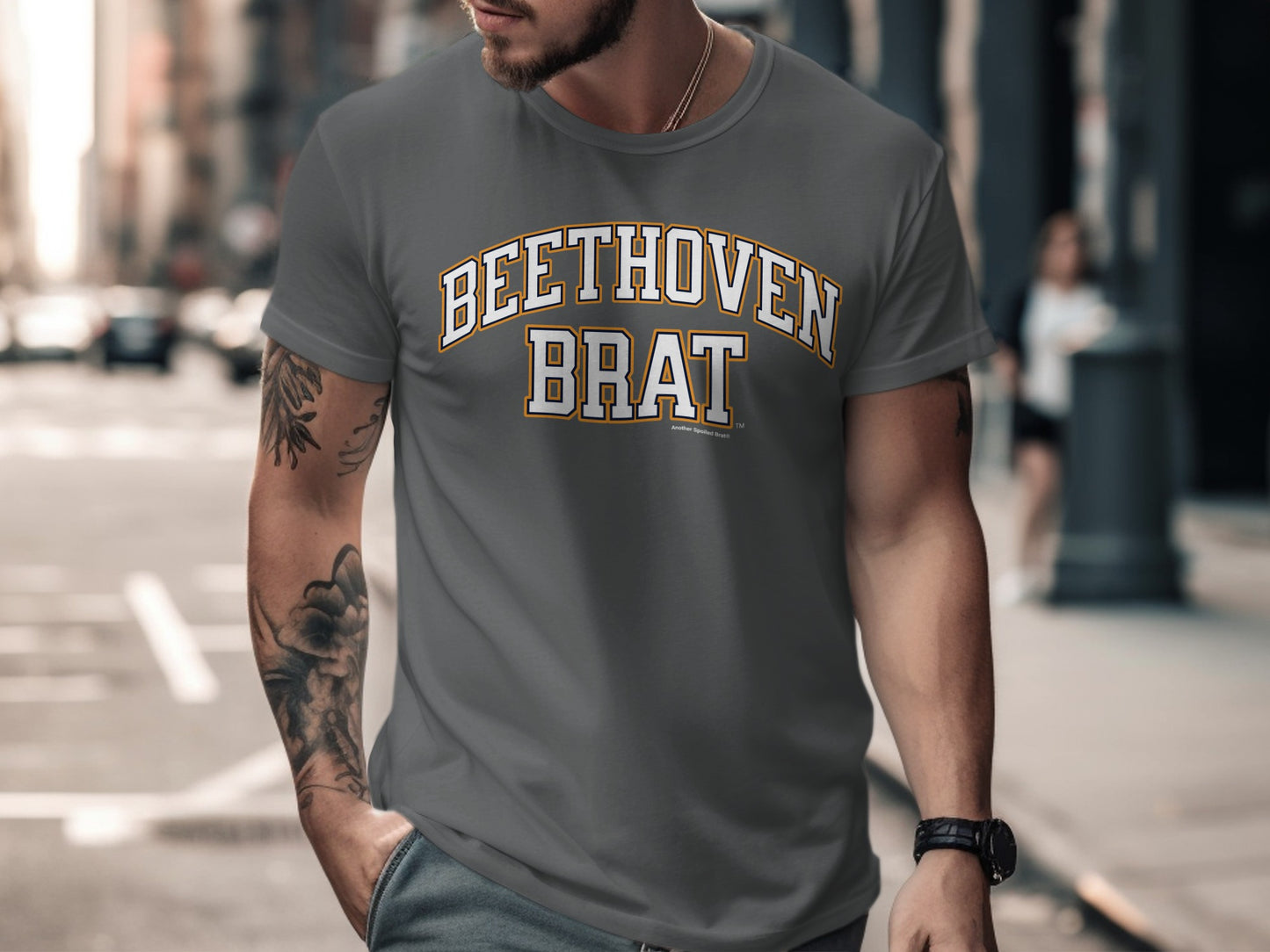 Grey t-shirt with "BEETHOVEN BRAT" text in varsity lettering.