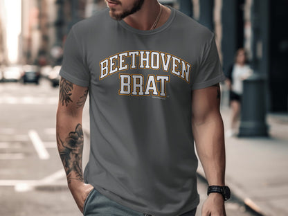Grey t-shirt with "BEETHOVEN BRAT" text in varsity lettering.
