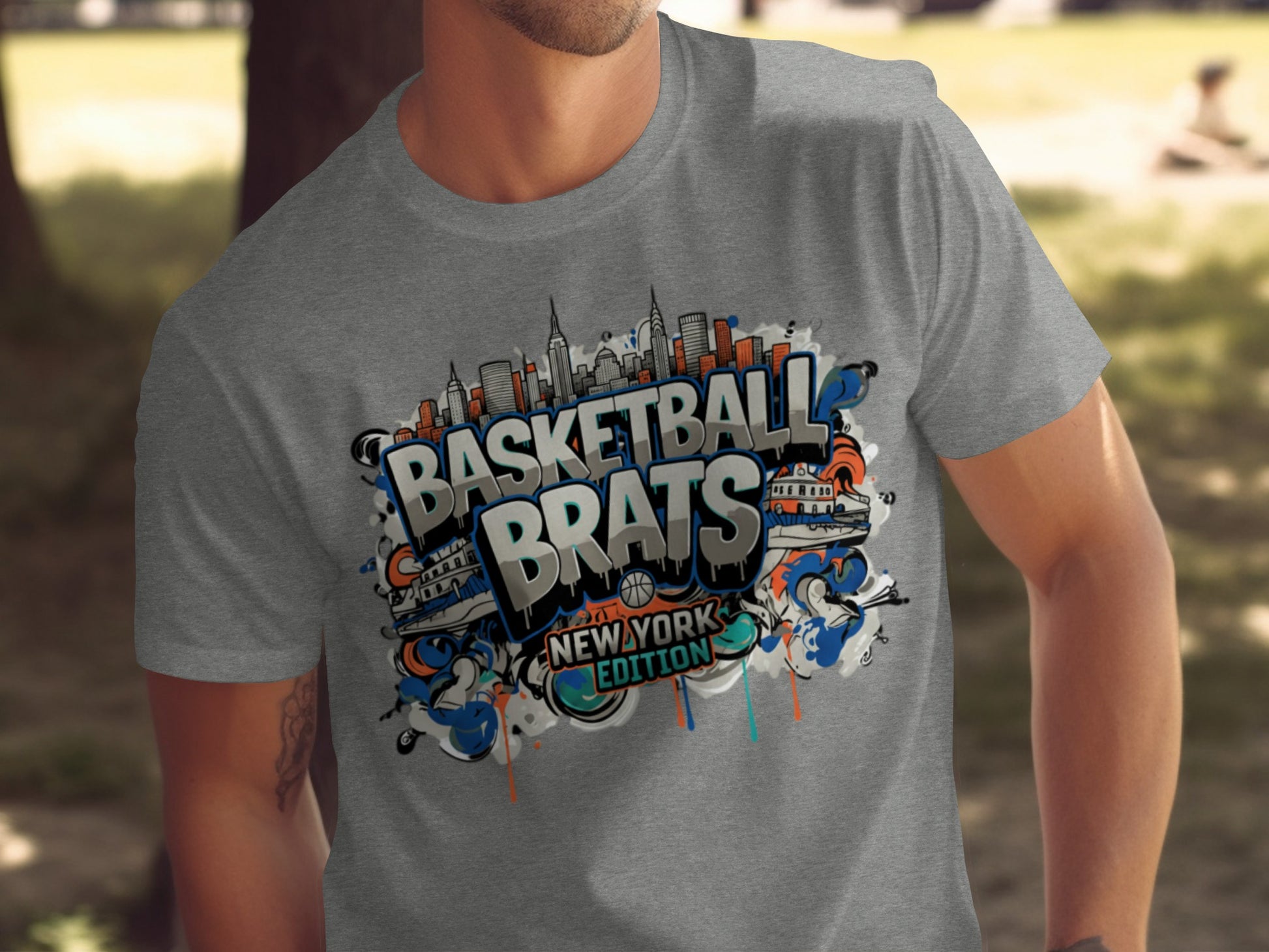 Grey t-shirt with "Basketball Brats New York Edition" graffiti-style text and city skyline.
