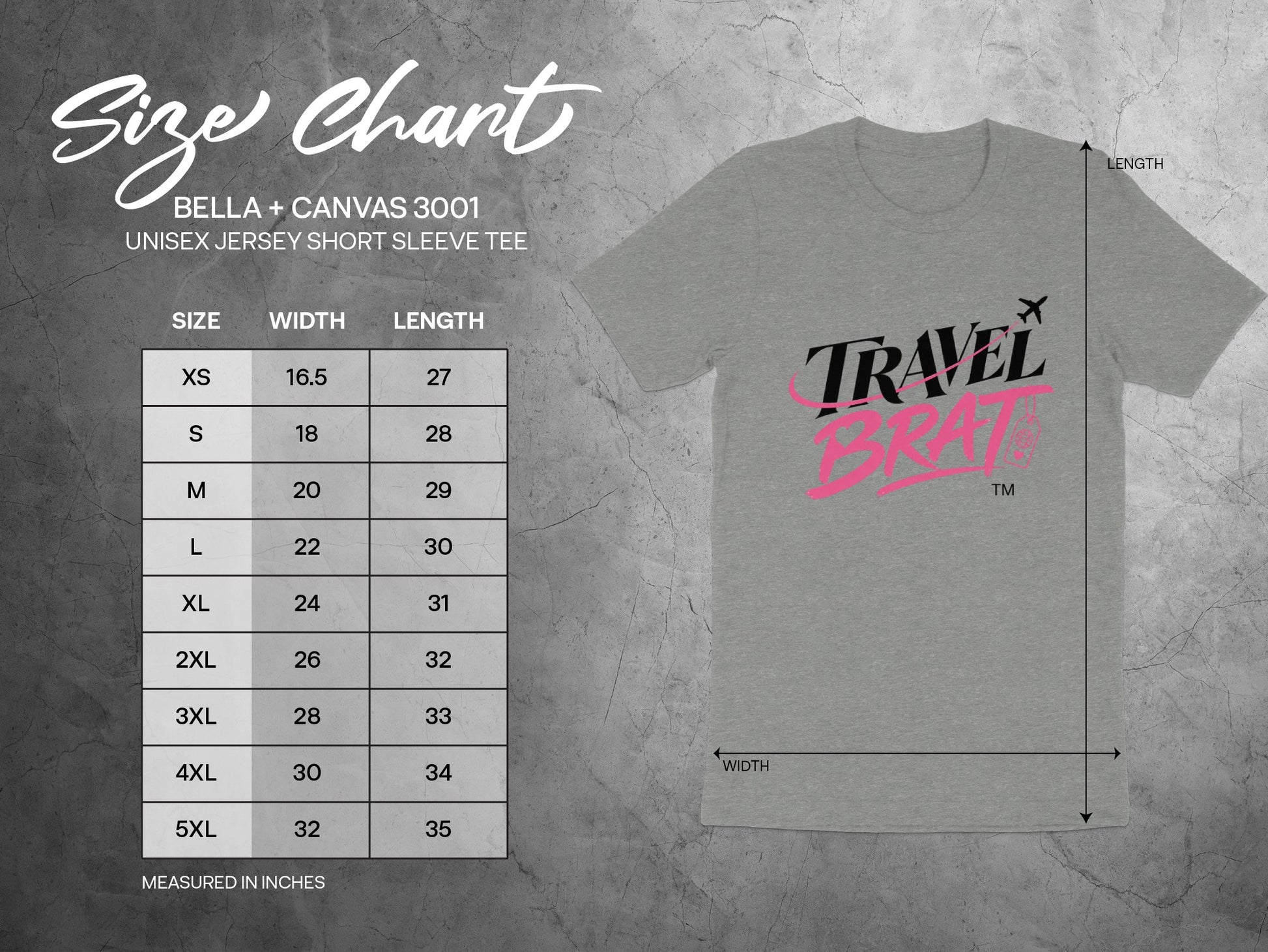 Size chart for Bella + Canvas 3001 unisex jersey shirt with width and length measurements.