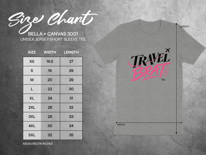 Size chart for Bella + Canvas 3001 unisex jersey shirt with width and length measurements.